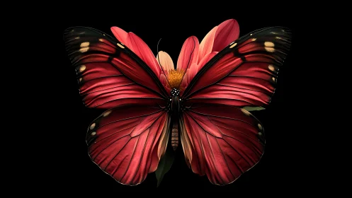 Morphological fusion of crimson butterfly wings and floral core.