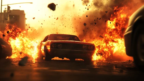 Muscle car surrounded by explosive fire and debris in urban setting.
