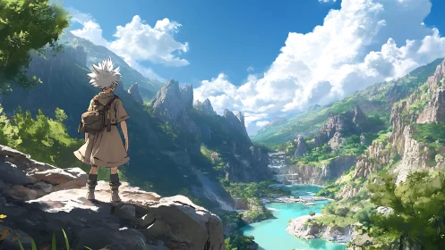 Young traveler surveys a vast turquoise valley of clouds and cliffs.