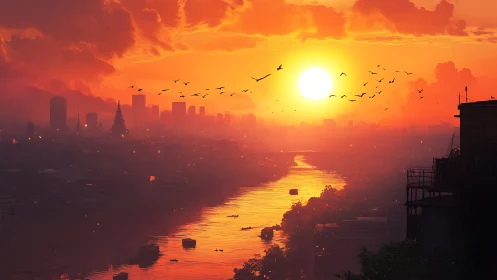 Sunlit river corridor bisects hazy skyline under dense orange clouds