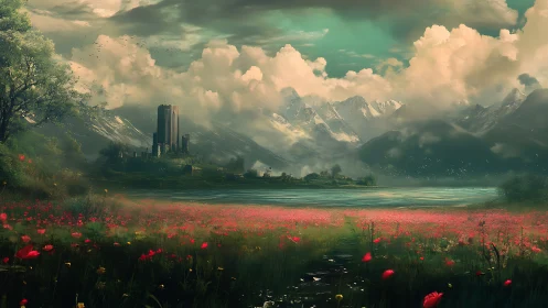 Mystic castle rises beyond a vivid poppy valley at dawn.