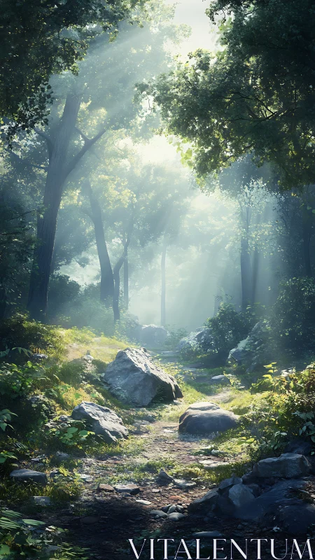 Sunlit Forest Path with Rock Formations and Dense Canopy