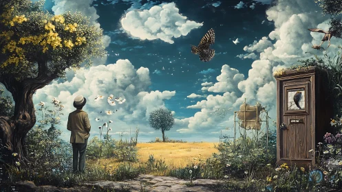 Surreal landscape shows person, flying owl, and old door