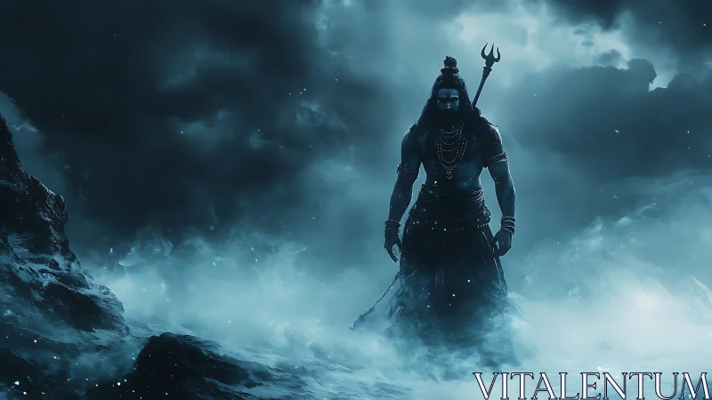 Mystical blue warrior emerging from swirling mountain mist.