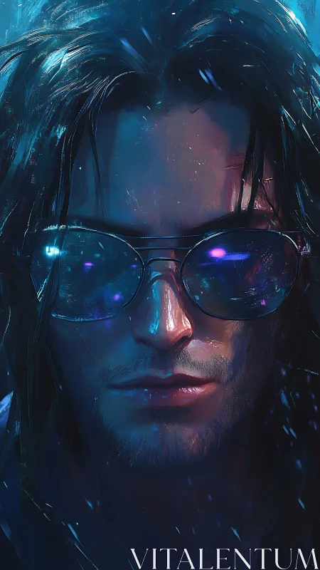 Long haired man with reflective glasses under blue neon light