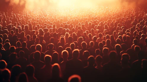 Warm crowd gathered under glowing golden light together.