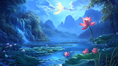 Moonlit lotus lake reflects waterfalls and distant blue peaks