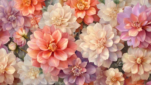 Dense cluster of overlapping dahlia flowers with layered petals