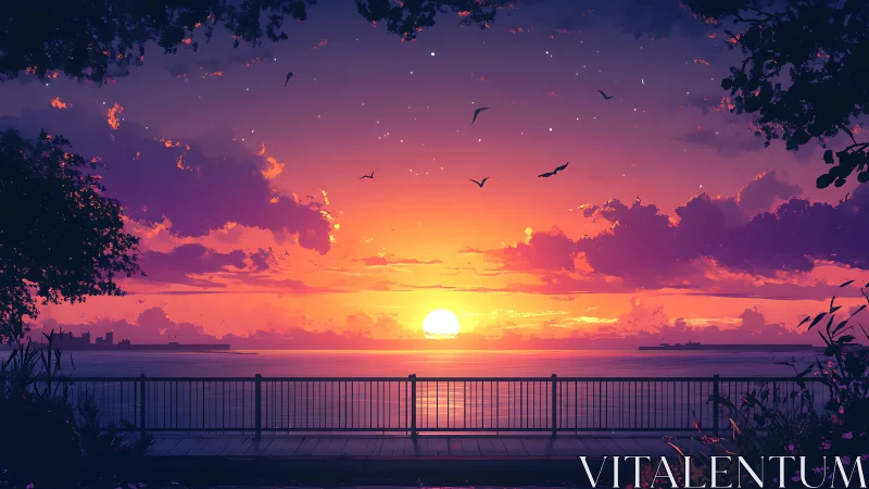 Sunset over calm sea viewed from fenced promenade.