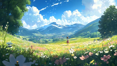 Anime meadow vista with girl facing distant snowy mountains.