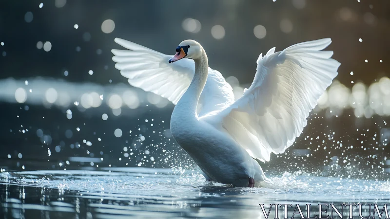 Elegant swan spreading wings on sparkling lake, nature photography.