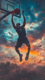 Basketball player jumps toward hoop against dramatic sky