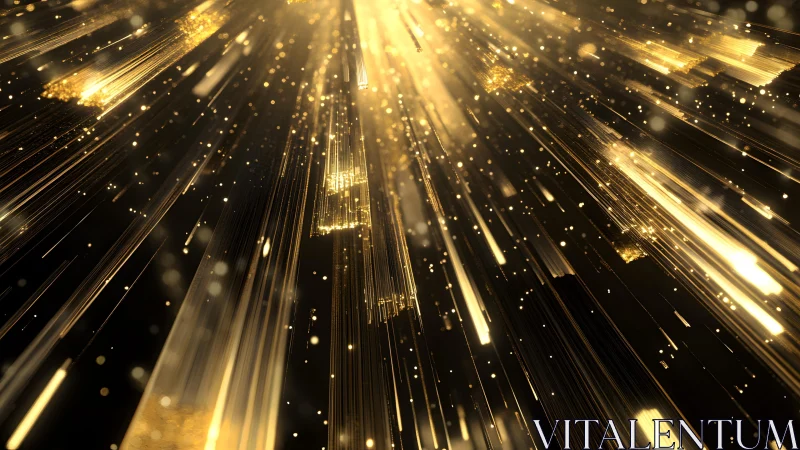 Abstract golden light beams and sparkles on dark background.