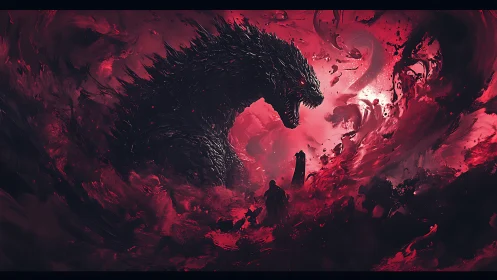 Giant spiked monster towers over lone figure amid red storm