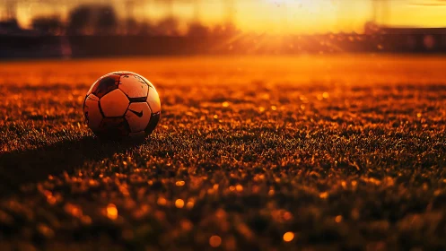 Backlit soccer ball on sunset field in warm photorealism.