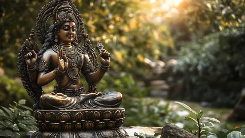 Serene bronze deity statue glowing in a peaceful garden.