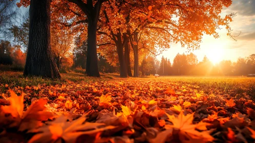 Autumn park path under glowing sunset with golden leaves.