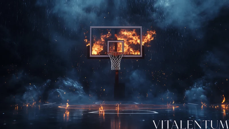 Burning basketball hoop glows against dark stormy court
