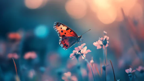 Butterfly rests on glowing wildflowers at dreamy dusk.