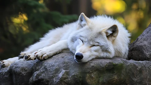 Arctic wolf resting on rock under defocused forest canopy.