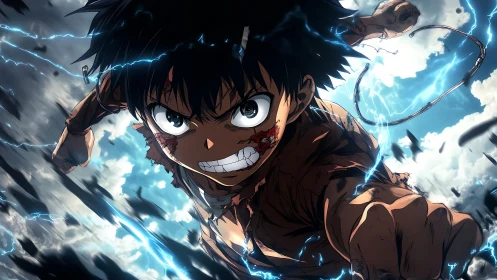 Battle-scarred anime hero charging through storm sky.