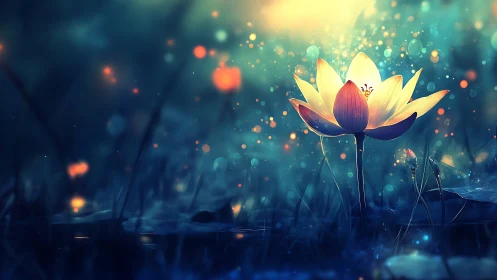 Digital lotus flower over water with glowing light particles.