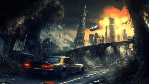 Rusting muscle car surveys decayed cyberpunk megacity at dusk