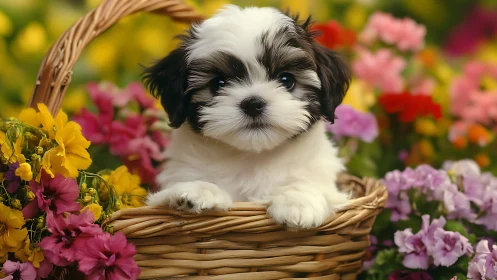 Photorealistic puppy portrait in wicker basket floral setting.