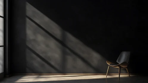 Minimalist black chair in dramatic window light interior.