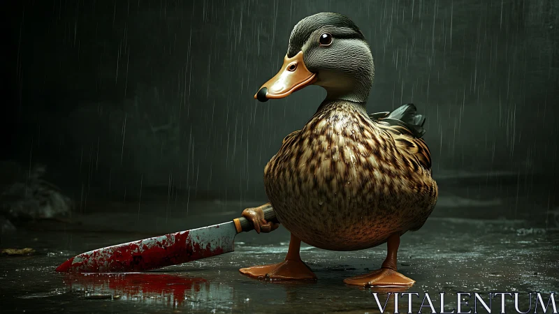 Mallard in the rain clutching a bloodied knife menacingly.