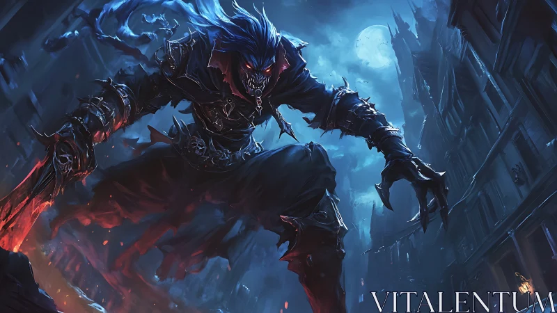 Armored demonic figure over dark gothic city at night.