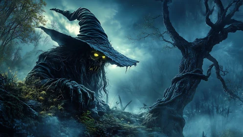 Nocturnal witch entity with glowing eyes in spectral forest