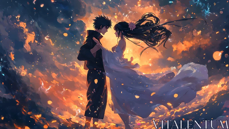 Starlit lovers drift in a swirling sky of embers and petals.