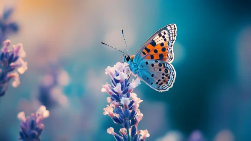 Gentle butterfly rests on soft lavender in dreamy evening light