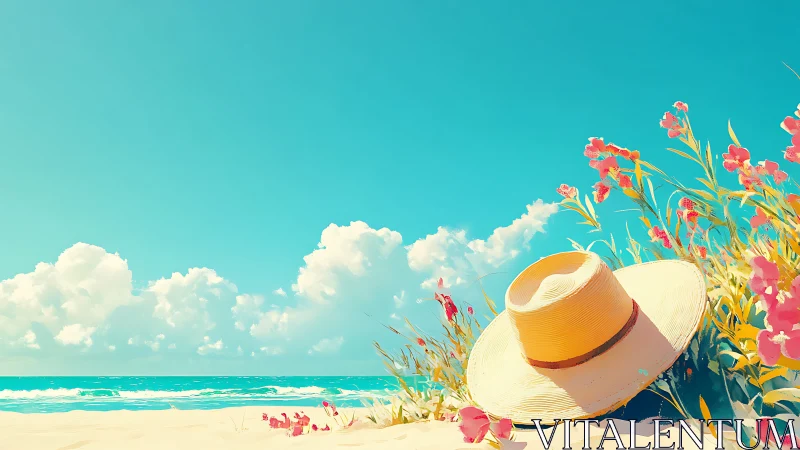 Straw sun hat on vivid floral beach under turquoise sky.