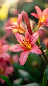 Pink daylily flowers in focused bloom with bokeh background.