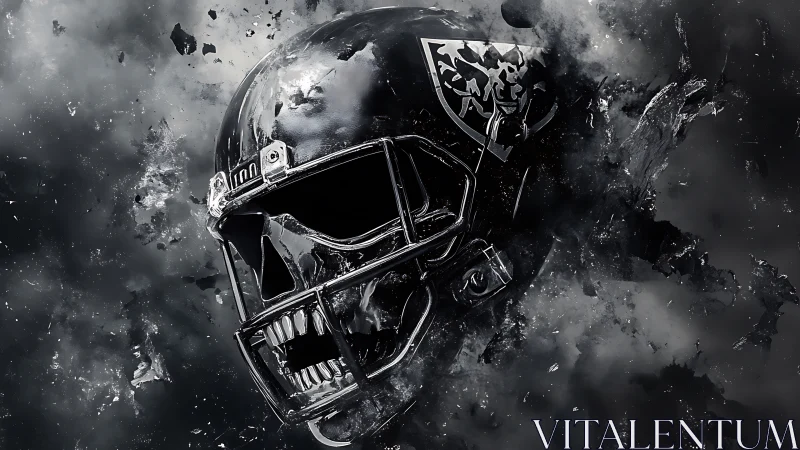 Skull-faced chrome helmet erupts from stormy grayscale void