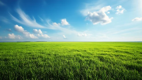Wide-angle luminant grassland under stratocumulus sky field.