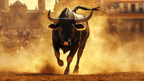 Charging bull thunders through golden dust in a sunlit arena