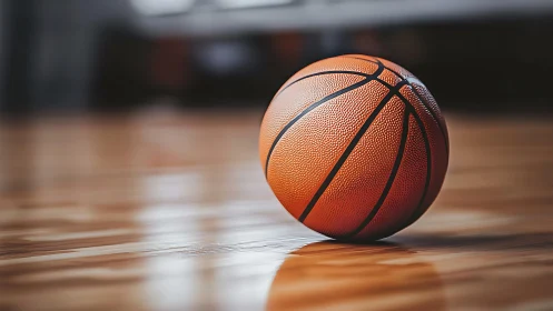 Close-up basketball resting on polished indoor court floor.