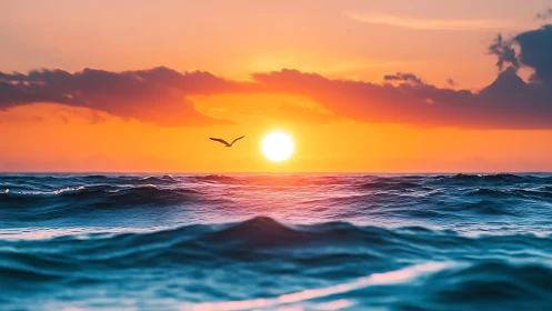 Sunset sun descends over vivid ocean waves under bird