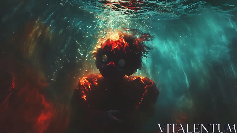 Underwater figure with glowing eyes in fiery light.
