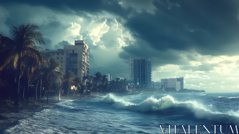 Stormy coastal city skyline with crashing ocean waves.