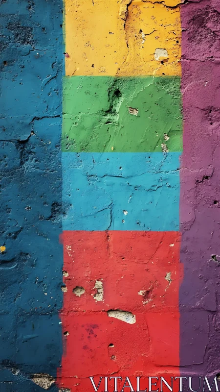 Chromatic grid on eroded masonry with multiaxial fractures.