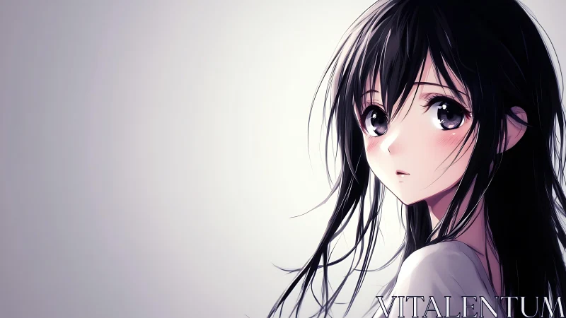 Anime girl with black hair on soft light background.
