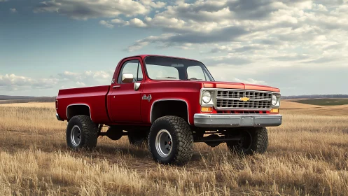 Vintage red pickup truck stands lifted in open wheat field