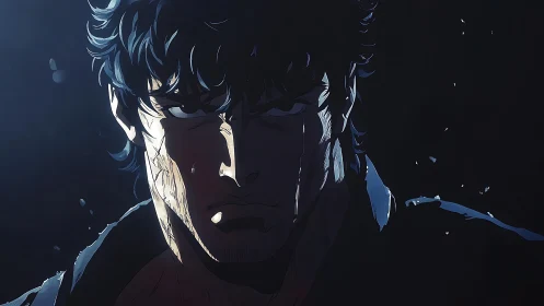 Brooding warrior in stark shadow and glints of blue light.