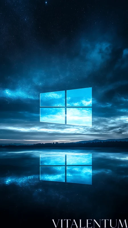 Glowing window logo floats above starry nocturnal seascape