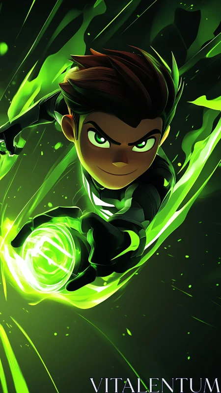 Heroic energy blast from young green-clad warrior.