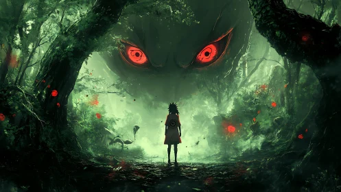 Lone cloaked figure confronts monstrous red eyes in forest.